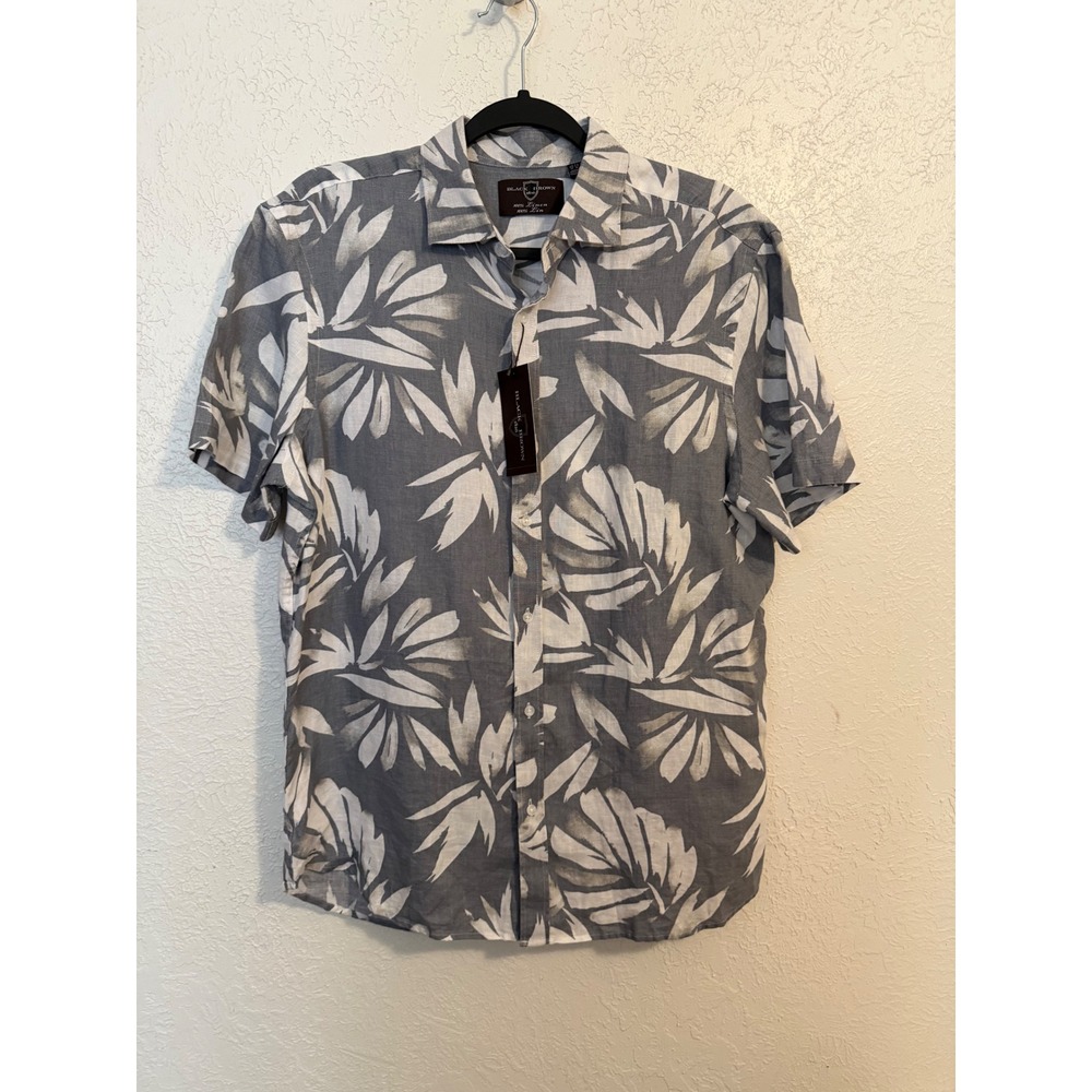 Black Brown 1826 Mens Grey White Tropical Leaf 100% Linen Short Sleeve Shirt M